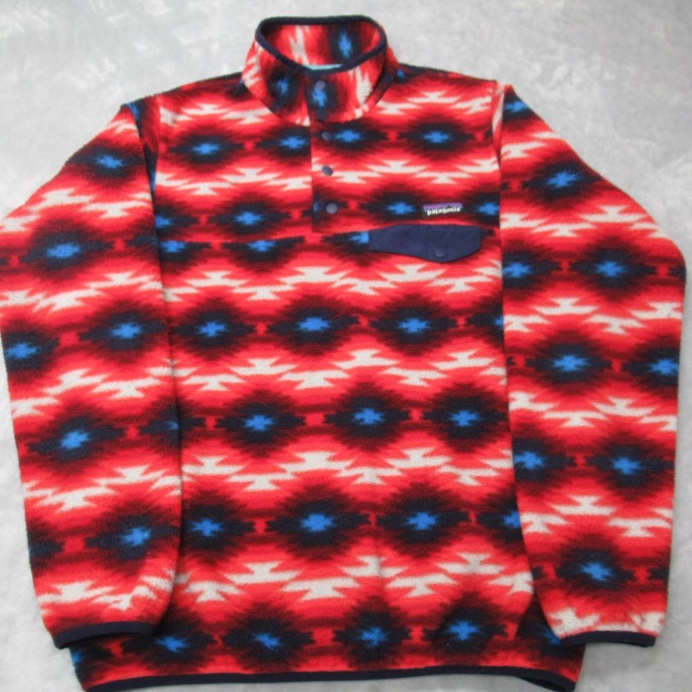 Patagonia Synchilla Sweatshirt Women Medium Red Aztec Southwestern Snap-T Fleece